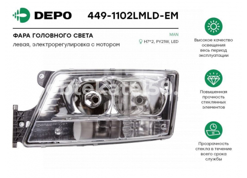 Фара MAN TGX 2008-> эл. рег./левая (H7/H7/PY21W/LED) он 81251016499 DEPO 449-1102LMLD-EM