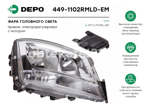 Фара MAN TGX 2008-> эл. рег./правая (H7/H7/PY21W/LED) он 81251016498 DEPO 449-1102RMLD-EM